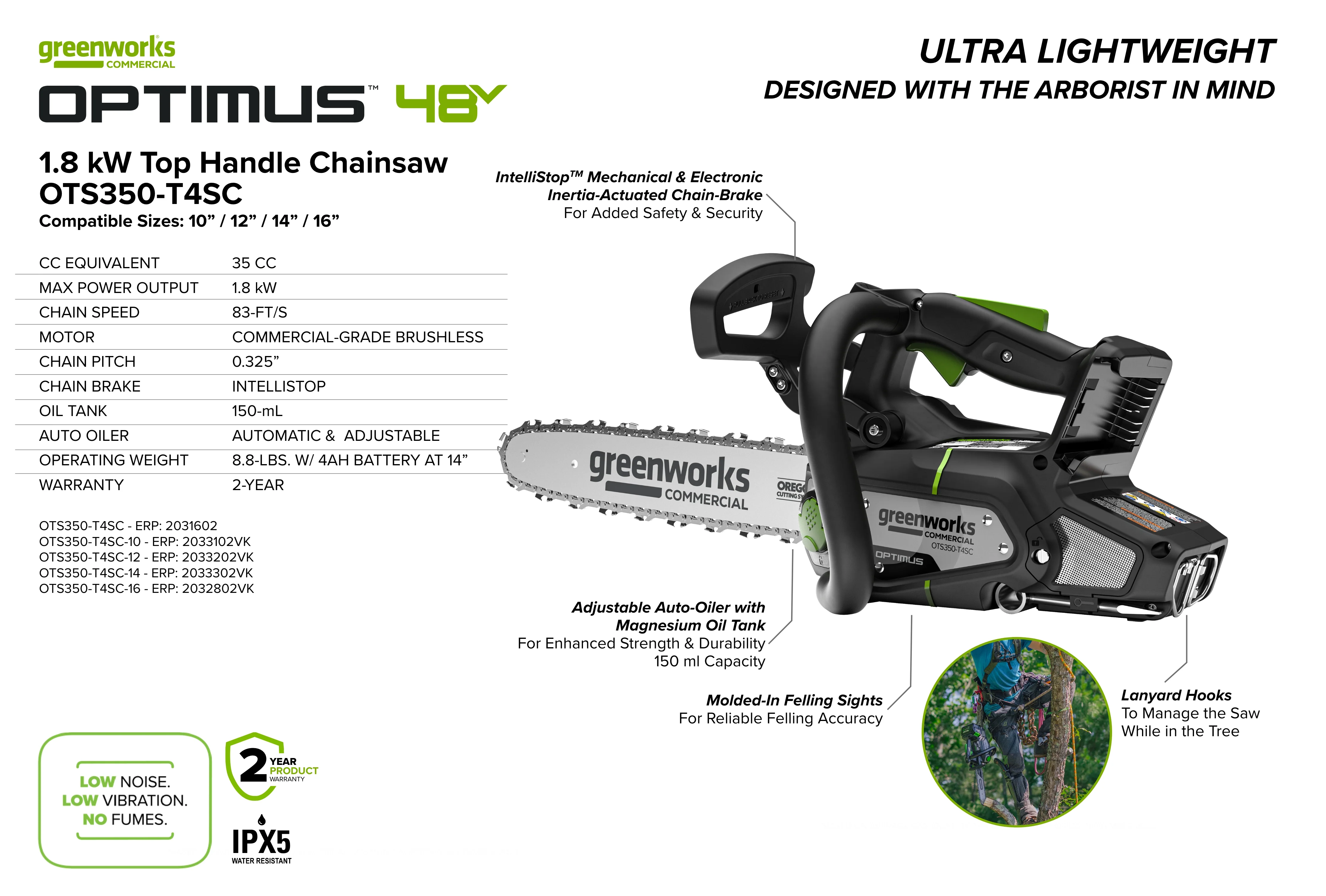 48V 16" Top-Handle Chainsaw, 48V 4 Ah Battery, 5A Charger | OTS350-T4SC-16 - Image 9