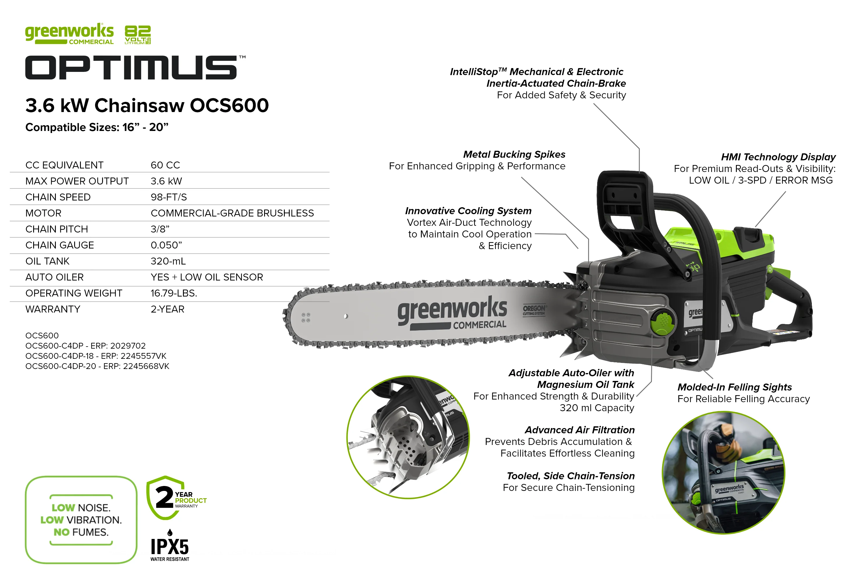 82V OPTIMUS 3.6kw 20" Chainsaw Kit with CORE400 Battery & DP Charger | OCS600-C4DP-20 - Image 10